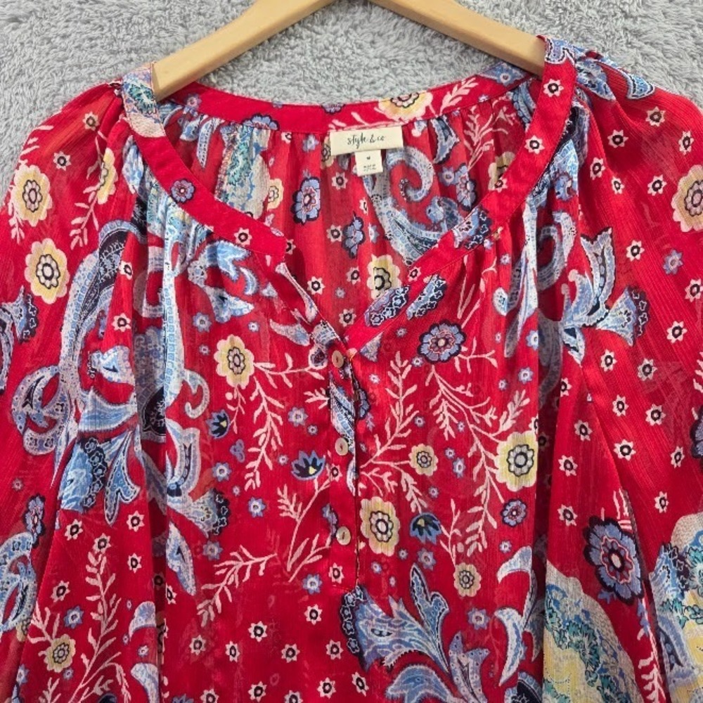 Style & Co Red Floral Paisley Semi-Sheer Popover Blouse Medium Boho Peasant Top - Picture 2 of 10